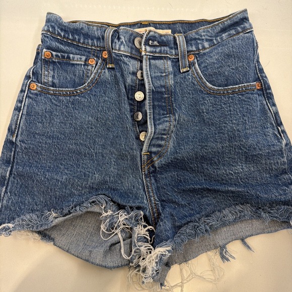 Levi's Pants - Women's Levis Ribcage Shorts Blue Denim Raw Hem High Rise Button Fly Size 26